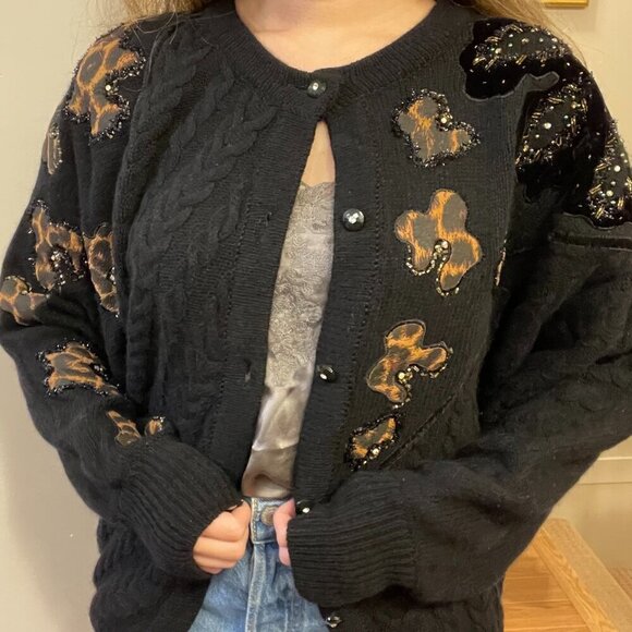 Vintage Made in Italy Wool Cardigan with Animal Print Accents Black - Picture 13 of 16